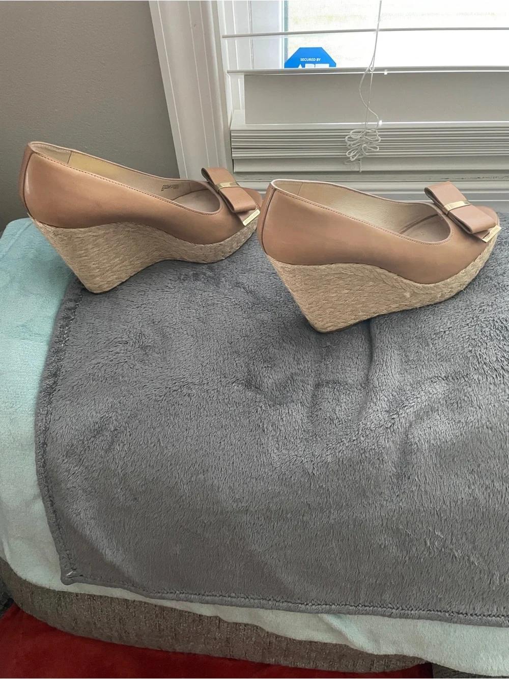 Michael Kors Tan Espadrille Wedge Peep-Toe with Bow Accent